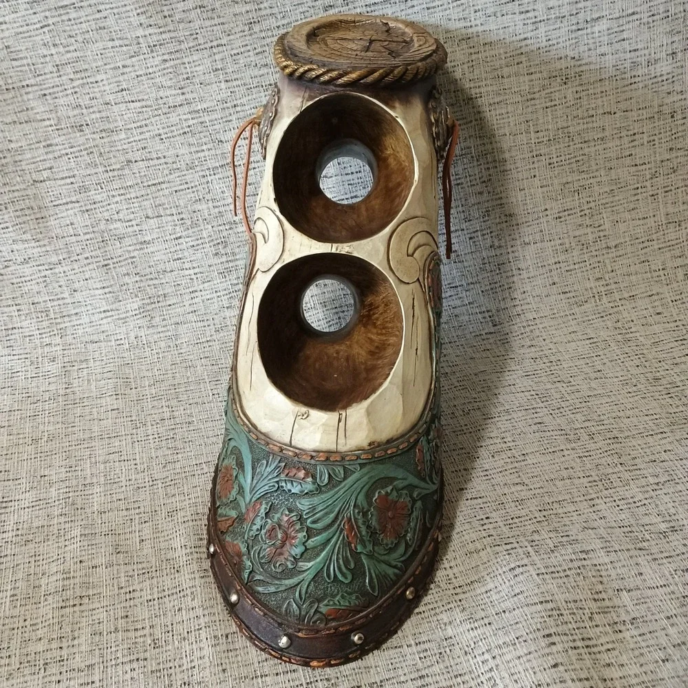 Western Floral Tooled Double Wine Bottle Holder Teal Copper Rustic Decor